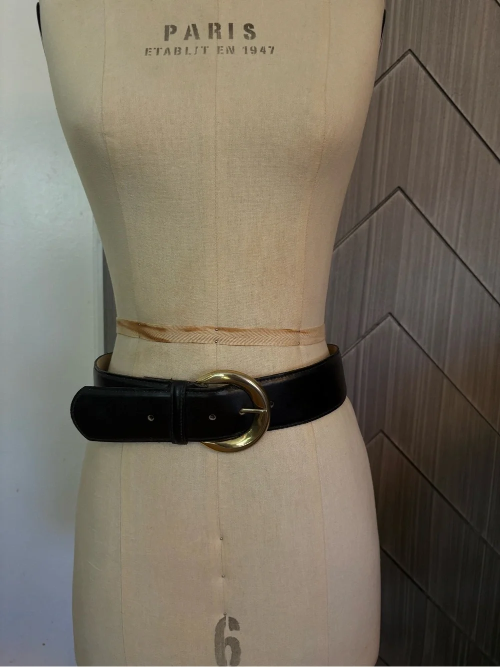 A. BROD Black pvc coated cow Leather Belt with Gold Crescent Buckle Size Medium